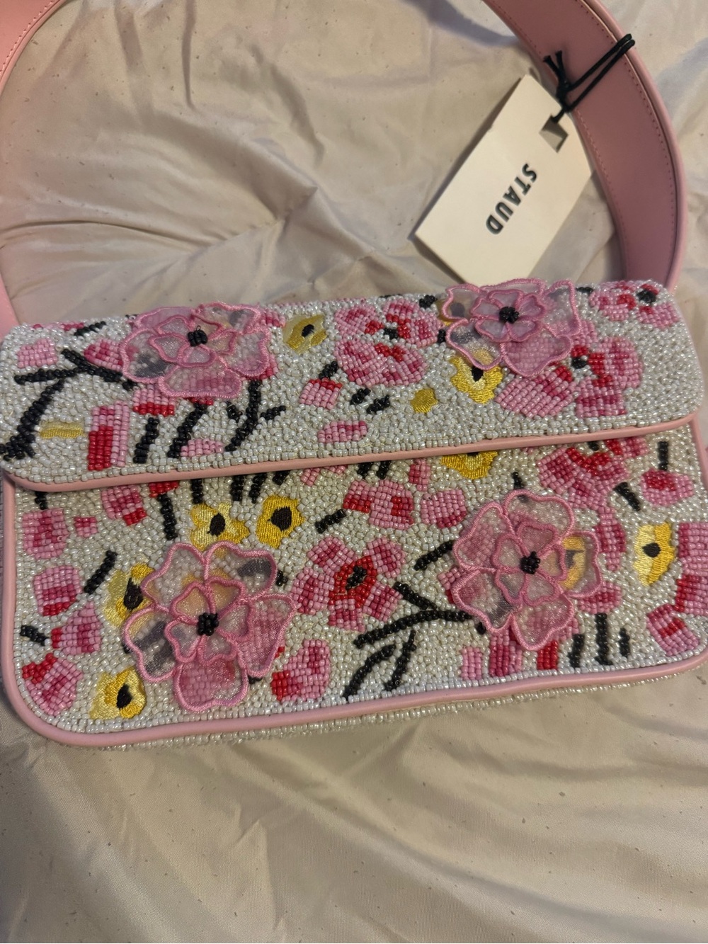 STAUD Pink blossom Beaded Floral Shoulder Bag NWT - Picture 2 of 7